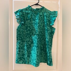Sleeveless Teal Animal-Print Ruffle Trim Blouse